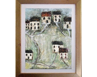 Across The Field -  Houses on Canvas Print Framed in Traditional Antique Gold Frame - Ready To Ship
