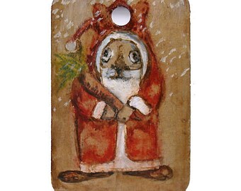 Bah Humbug - Here Comes Bunny Claus - Miniature Original Painting - 2"x3"- Rabbit Art - Bunny Art - Hostess Gift - Stocking Stuffer - X'mas