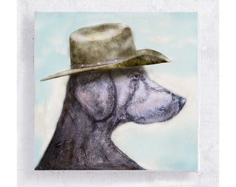 Cowboy Jake - Weimaraner Print - Dog Art - Weimaraner with a Cowboy Hat - Canvas Print on 5x5 Art Block - Animal Art -  Mini Wall Art