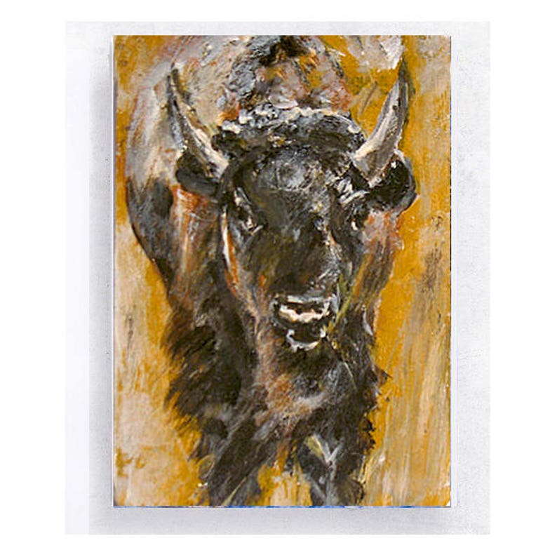 Bison Art Buffalo Art Woodland Animal Art Original Miniature Painting Kids Room Wall Decor Stocking Stuffer 2x3 mini art image 4