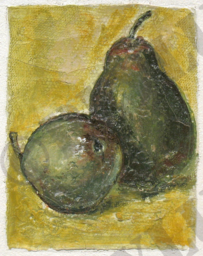 Pear Art Still Life Original Mixed Media Painting Gallery Wrapped Canvas Block Green Yellow Wall Art Home Decor Kitchen Art image 2