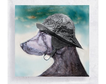 Dog Art - Weimaraner with Sou'wester Hat Canvas Print on 5x5 Art Block - Calm Before the Storm -  Animal Portrait -  Nautical Wall Decor