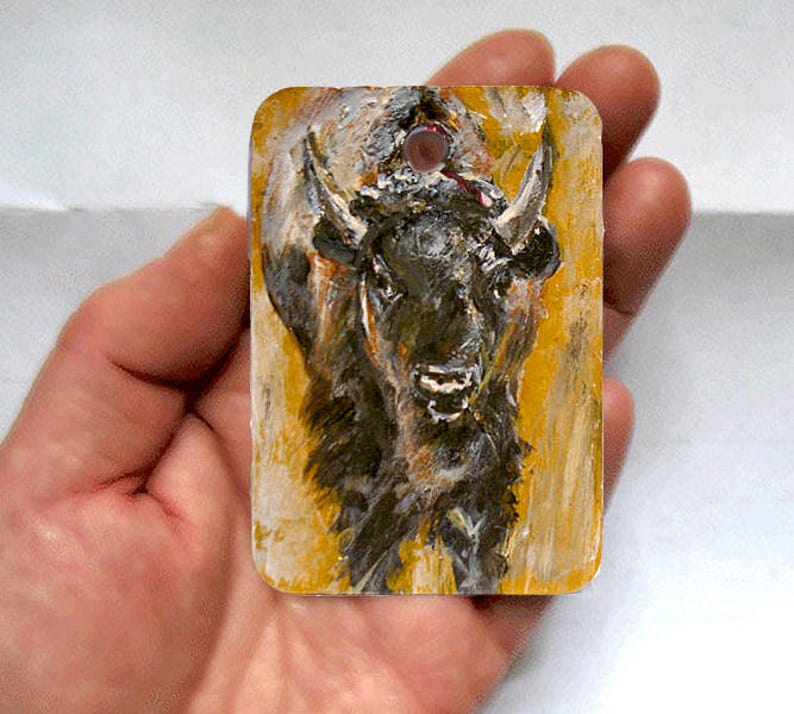 Bison Art Buffalo Art Woodland Animal Art Original Miniature Painting Kids Room Wall Decor Stocking Stuffer 2x3 mini art image 3