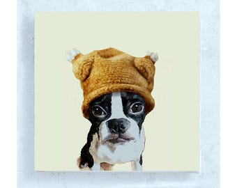 Dog Art - Animal Art - Boston Terrier - Zoey - Canvas Print - 5x5 Art Block - Dog Portrait - Dog with Hats - Kid's Art - Nursery Wall Decor