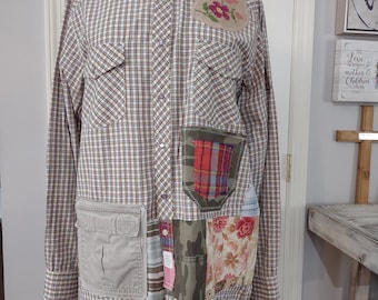 Plaid Western Shirt Upcycled Funky Boho Patchwork Cottage Core Shabby Chic Shacket