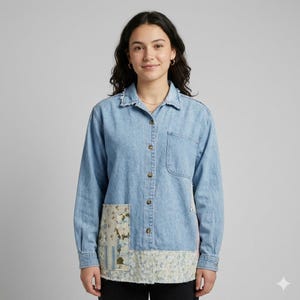 Puede incluir: Camisa vaquera azul claro con cuello deshilachado y bolsillos patchwork florales. La camisa de manga larga tiene una botonadura frontal y un bolsillo en el pecho. El dobladillo inferior también presenta un estampado floral.