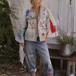 Wearable Art Patchwork Jacket, Boho Kimono Duster Coat, Handmade Applique Statement Cardigan, Artisanal Reclaimed Textile Outerwear OSFM