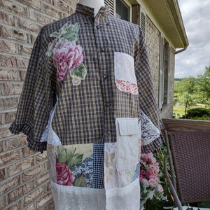 Upcycled Boho Tunic Blouse Patchwork Flower Applique Plaid Lace Tunic Top