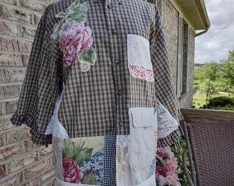 Upcycled Boho Tunic Blouse Patchwork Flower Applique Plaid Lace Tunic Top