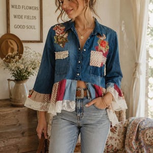 Puede incluir: Una camisa de mezclilla de manga larga con bordados florales en los hombros, dos bolsillos en el pecho con parches de encaje y un dobladillo acampanado compuesto por paneles de tela en azul, rosa y beige, con un borde de encaje blanco.