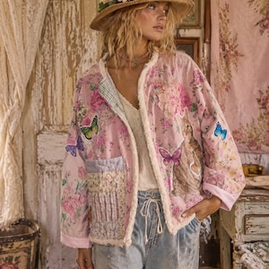 One of a Kind Wearable Art Oversized  Kimono Jacket Patchwork Appliques Cats Butterflies Funky Whimsical Duster OSFM