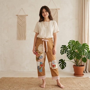Upcycled Patchwork Bloomer Pants Vintage Rose Lounge Pants Cottagecore Boho Hippie Reworked Floral Trousers