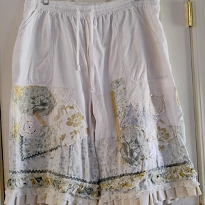 Refashioned Bloomer Pants Boho Shabby Chic White Lace Patchwork Crochet Ruffle Hem One of a kind