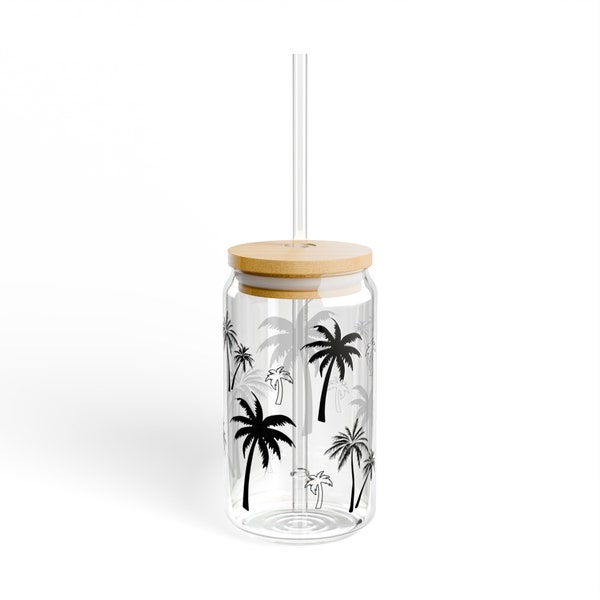 Palme Glasbecher mit Bambusdeckel und Strohhalm | Glasbecher kann Tasse | Geschenk |palme Aufkleber Eiskaffeetasse | Wiederverwendbare Tasse | 16 Unzen Glas