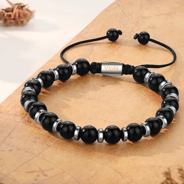 Custom Stainless Steel Men's Bracelet | Personalized Black Onyx Jewelry