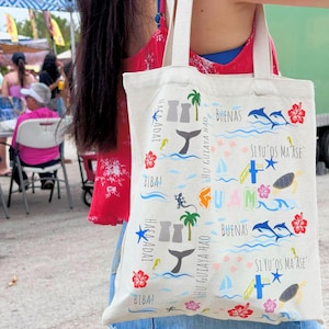 Guam Island Canvas Tote Bag, Sea Animals Beach Tote, Reusable Eco Bag, Chamorro Design, Souvenir Gift Beach Travel Bag, Gift for Her