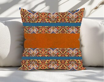 Faux Suede Pillow: Rust & Blue Pattern, Double-Sided Print