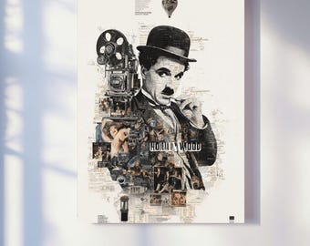 Op de afbeelding: Een zwart-wit poster met Charlie Chaplin in een bolhoed en pak, met een filmcamera en het woord "Hollywood". De poster heeft een vintage esthetiek, met een collage van filmstills en krantenknipsels.
