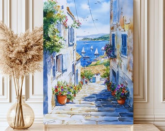 Tableau sur toile style littoral méditerranéen : prêt à accrocher, encres écologiques