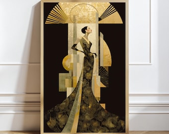 Puede incluir: Una lámina de arte vertical enmarcada que muestra una figura estilizada con un vestido largo y fluido en negro y dorado con estampado floral. El fondo presenta formas geométricas, motivos de abanicos y un elemento circular dorado.