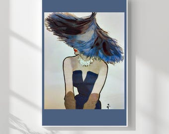 Art Deco - Lady in Blue Hat wall art print