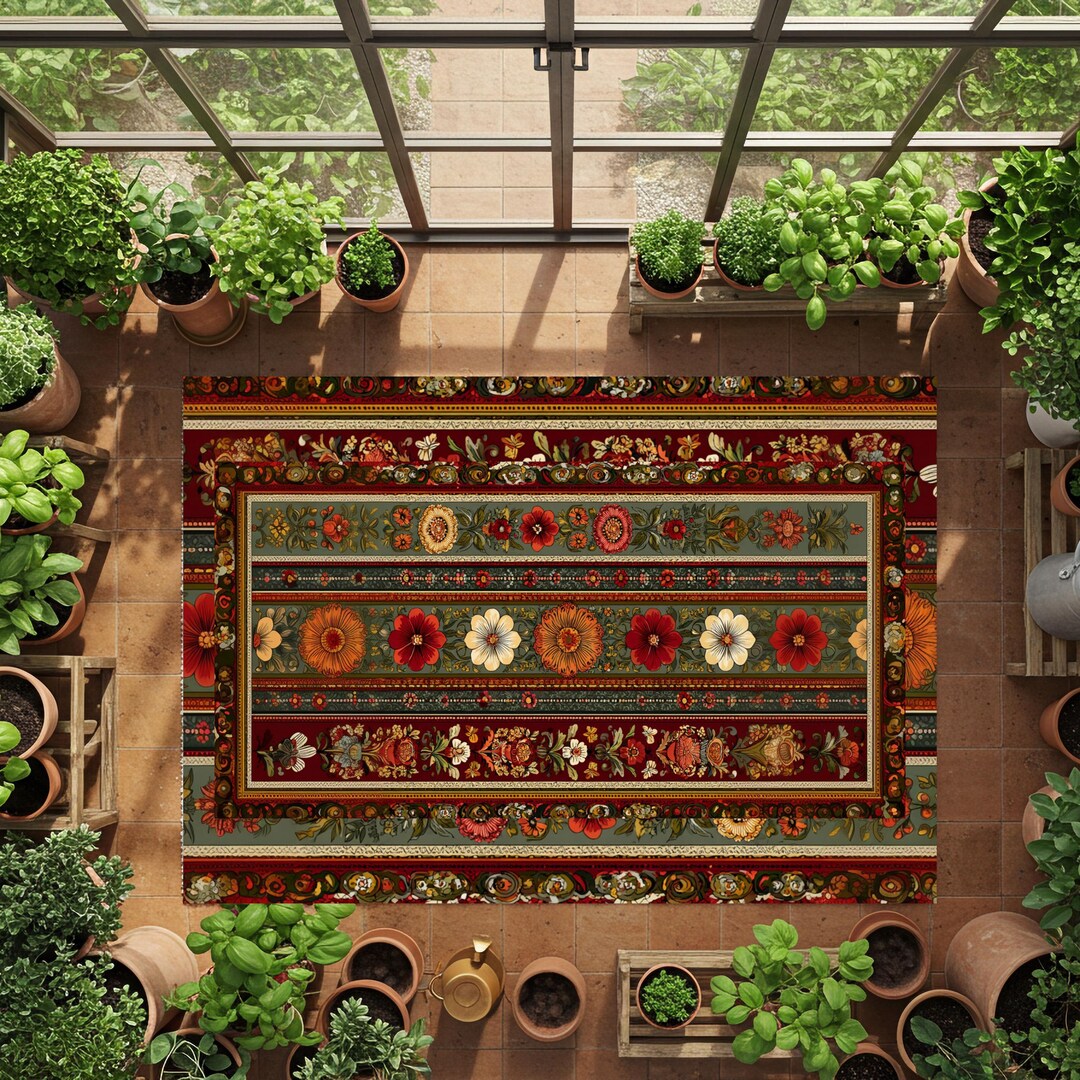 Bohemian Floral Area Rug: Rust Color, Sturdy Hemmed Edges - Etsy