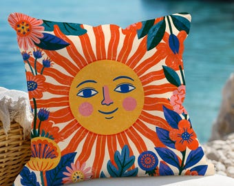 Cojín de exterior con diseño de rayos de sol inspirado en Matisse sonriente