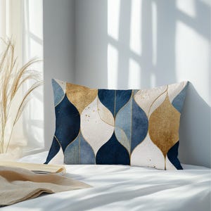 Midcentury Abstract Blue Gold Leaf Pattern Lumbar Pillow