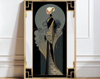 Könnte beinhalten: Ein rechteckiger gerahmter Wandkunstdruck mit einer stilisierten Figur in einem schwarzen und goldenen Kleid. Die Figur hat blondes Haar in einem Dutt und steht vor einem dunklen Hintergrund mit einem großen grauen Kreis und goldenen Fächermustern.