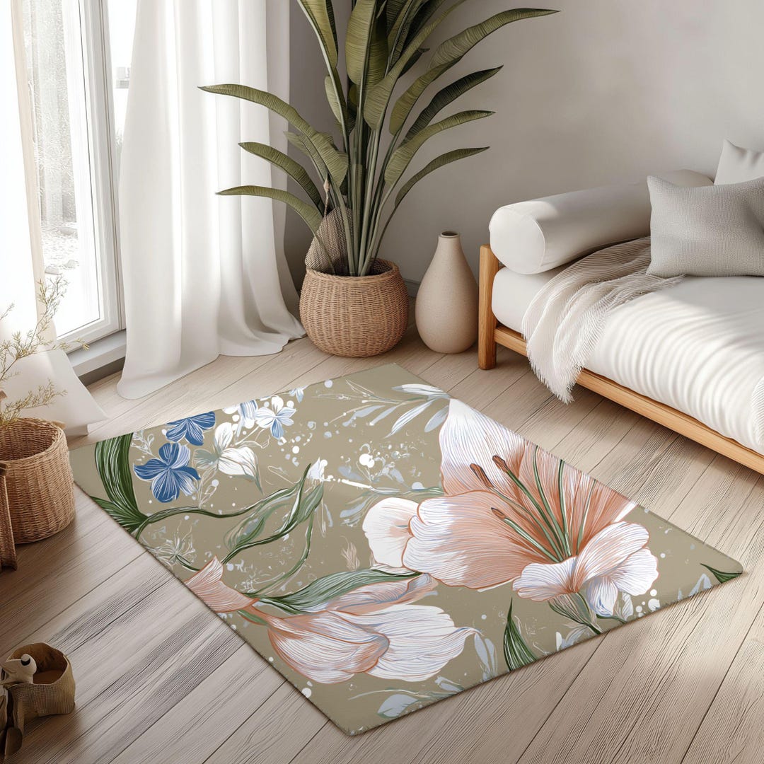 Pattern Floral Whimsical Rug Blush Lily Floral Rug | Botanical Flower Pattern, Neutral Tones - Etsy