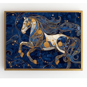Print - Art Nouveau horse in vibrant patterns as if in the midst of movement, 2 available sizes, ready to frame, Museum-grade archival paper