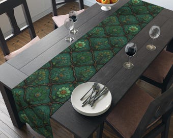 Green Floral Table Runner: Elegant Dining Decor, Polyester or Cotton