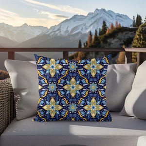 Vibrant Floral Outdoor Pillow, Decorative Garden Cushions, Patio Throw Pillows, Summer Home Decor, Bold Blue Yellow Accent
