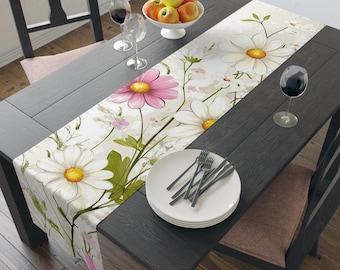 Chemin de table floral : décor de marguerites printanières, polyester ou coton