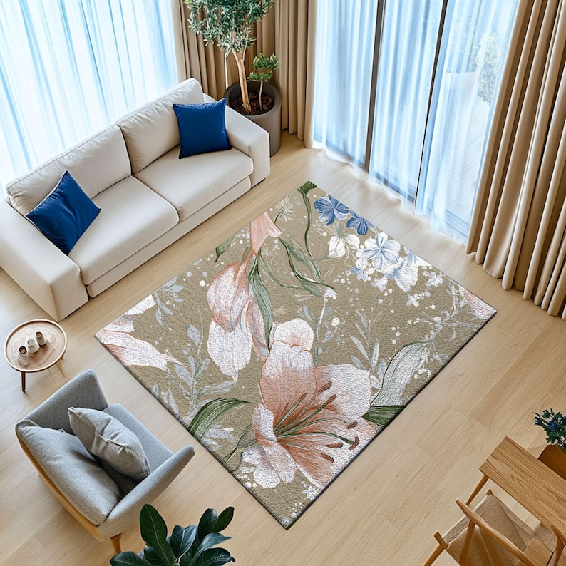Lilly Rug Blush Lily Floral Rug | Botanical Flower Pattern, Neutral Tones - Etsy