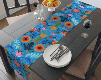 Blauer Volkskunst Blumen Tischläufer | Baumwolle oder Polyester