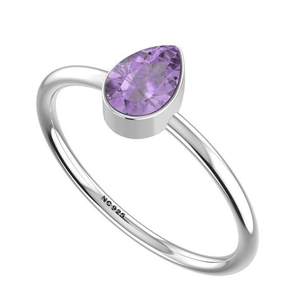 LUSTRE & LIGHT Natural Pear/Oval/Round Amethyst Solitaire Ring for Women, Girls in Sterling Silver, February Birthstone Gifts for Her