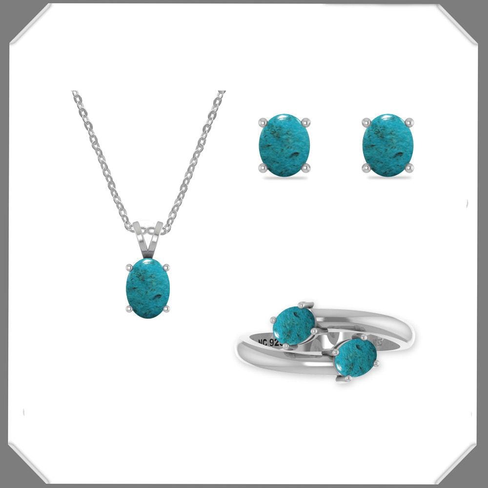 Natural Turquoise Jewelry Set for Women in Sterling Silver, December Birthstone Gift for Her Birthday Anniversary (Necklace, Earrings, Ring)