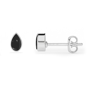 Teardrop Black Onyx Sterling Silver Stud Earrings: Minimalist Gemstone Jewelry