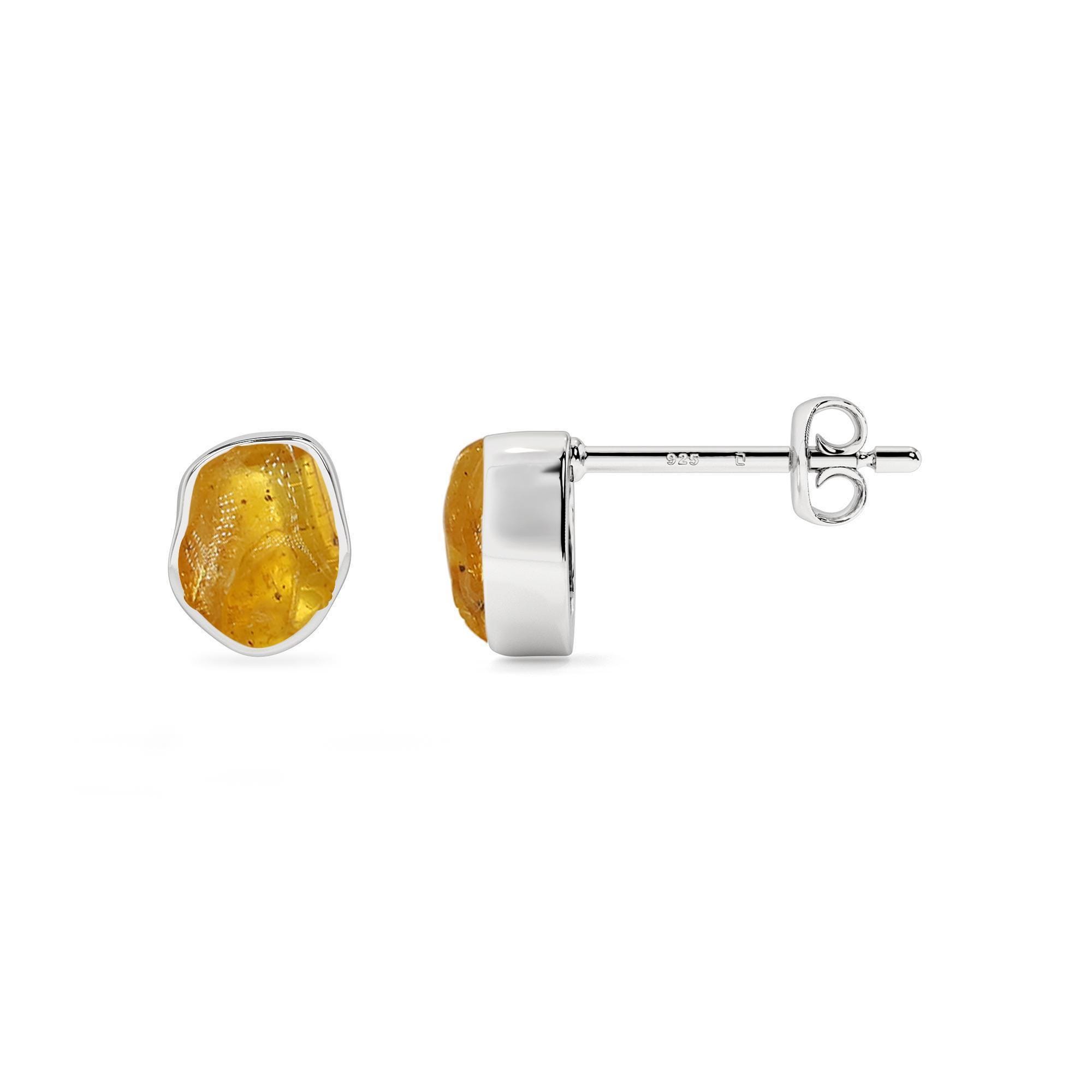 Raw Amber Stud Earrings: Sterling Silver Bezel-Set, October Birthstone