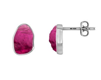 Raw Pink Spinel Stud Earrings: Sterling Silver Bezel-Set, August Birthstone