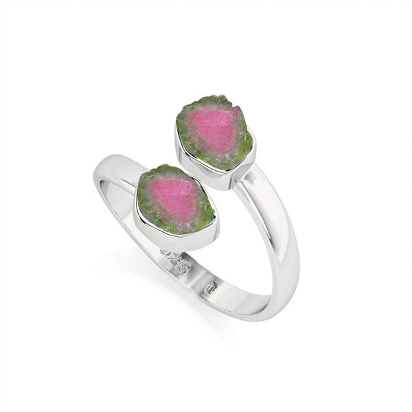 Natural Rough Watermelon Tourmaline Rings in Sterling Silver for Women, October Birthstone Jewelry Gift for her Birthday, Christmas