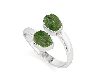 Natural Raw Emerald 2 Stone Stackable Ring in Sterling Silver for Women (Adj.) May Birthstone Jewelry Gift for Her Birthday, Anniversary