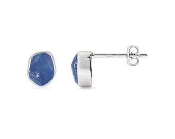 Raw Blue Sapphire Stud Earrings: Sterling Silver September Birthstone