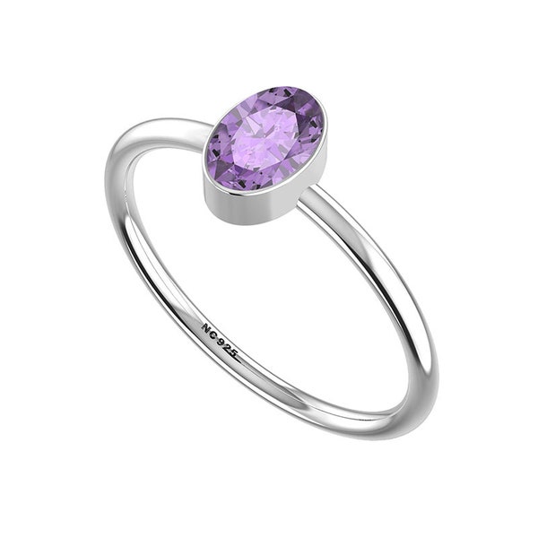 LUSTRE & LIGHT Natural Pear/Oval/Round Amethyst Solitaire Ring for Women, Girls in Sterling Silver, February Birthstone Gifts for Her