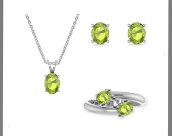 Natural Peridot Jewelry Set for Women in Sterling Silver, August Birthstone Gifts for Her Birthday, Anniversary (Necklace, Earrings, Ring)