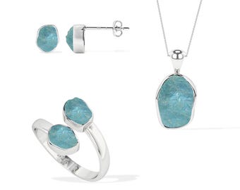 Natural Rough Aquamarine Jewelry Set for Women in Silver, March Birthstone Gifts for Her Birthday, Anniversary (Necklace, Earrings, Ring)