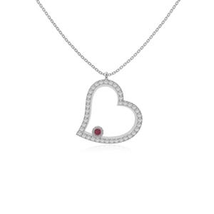 May include: A silver-toned necklace featuring an open heart-shaped pendant. The pendant is encrusted with numerous small, clear, round-cut stones along its entire frame and includes a single, prominent, round-cut red stone set at the bottom.