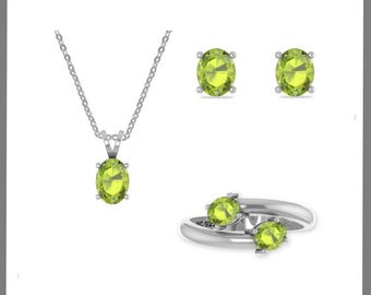 Natural Peridot Jewelry Set for Women in Sterling Silver, August Birthstone Gifts for Her Birthday, Anniversary (Necklace, Earrings, Ring)