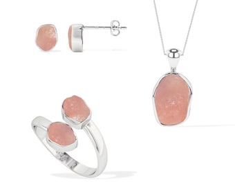 Natural Rose Quartz Jewelry Set for Women in 925 Silver, January Birthstone Gifts for Her Birthday, Anniversary (Necklace, Earrings, Ring)